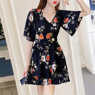 Short-sleeve Flower Print A-line Mini Dress