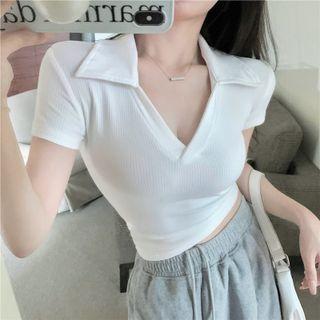 Short-sleeve V-neck Plain Slim-fit Polo-shirt