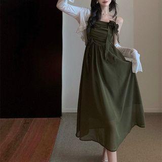 Plain Cardigan / Spaghetti Strap Flower Detail Midi A-line Dress