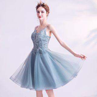 Flower Applique Spaghetti-strap A-line Mini Prom Dress