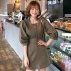 Set: Puff-sleeve Linen Blend Blouse + A-line Miniskirt