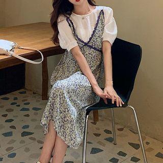 Set: Short-sleeve Top + Floral Midi Overall Dress