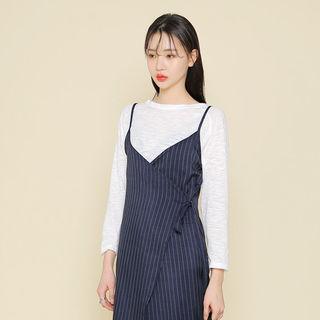 Spaghetti-strap Pinstriped Wrap Dress