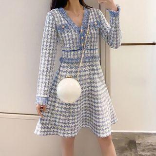 Fringed Trim Houndstooth Knit Dress