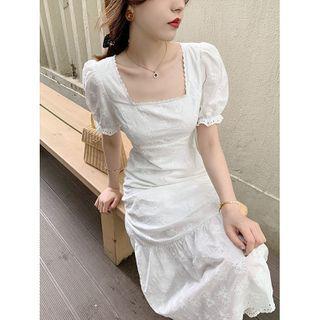 Floral Embroidered Square-neck Short-sleeve Ruffle Hem Dress