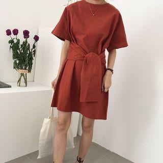 Plain Short-sleeve Tie-waist A-line Dress