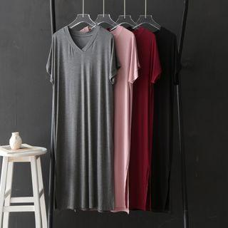 Plain Short-sleeve V-neck Midi T-shirt Dress