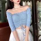 Elbow-sleeve Off-shoulder Frill Trim Drawstring Crop Top
