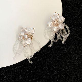 Faux Pearl Flower Stud Earring 1 Pair - White & Transparent - One Size