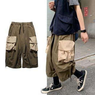 Contrast Pocket Drawstring-cuff Capri Cargo Pants