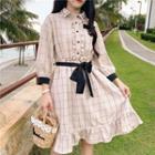 3/4-sleeve Frill Trim Plaid A-line Dress As Shown In Figure - One Size