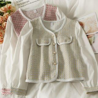 Patchwork Chiffon-sleeve Tweed Jacket