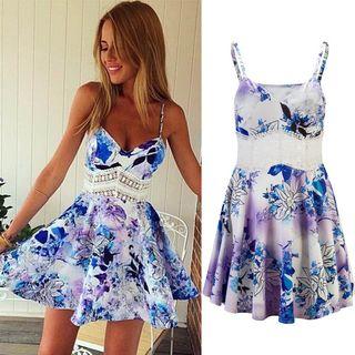 Spaghetti-strap Floral Print Panel Lace Sheath Dress