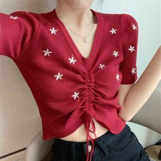 Floral Embroidered Drawstring Short-sleeve Knit Top
