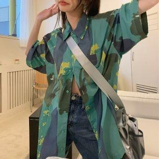 Short-sleeve Printed Oversized Shirt Green - One Size