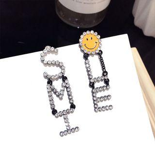 Non-matching Smiley Rhinestone Lettering Dangle Earring 1 Pair - S925 Sterling Silver Pin - Black - One Size