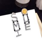 Non-matching Smiley Rhinestone Lettering Dangle Earring 1 Pair - S925 Sterling Silver Pin - Black - One Size