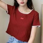 Short-sleeve Cherry Embroidered Knit Crop Top