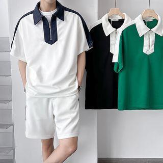 Set: Short-sleeve Collar Contrast Trim T-shirt + Shorts