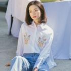 Striped Panel Flower Embroidered Shirt
