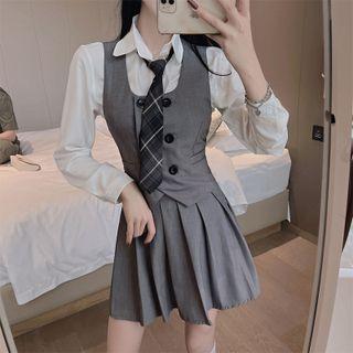 Plain Shirt / Plaid Tie / Single-breasted Vest / Mini Pleated Skirt / Set