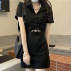 Short-sleeve Collared Drawstring Mini Sheath Dress Black - One Size