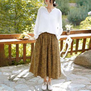 Flower Print Midi A-line Skirt Camel - One Size