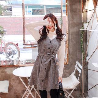 Button-front Houndstooth Jumper Dress With Belt
