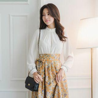 Mock-neck Piped Blouse With Scarf
