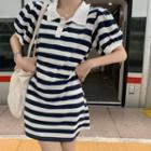 Puff-sleeve Polo-neck Striped Mini A-line Dress