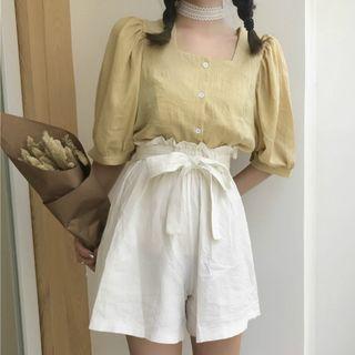 Short-sleeve Square Neck Plaid Blouse / Paperbag Waist Shorts