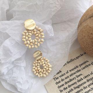 Wooden Bead Alloy Disc Dangle Earring 1 Pair - Beige - One Size