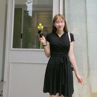 Plain Wrap-front Dress Black - One Size
