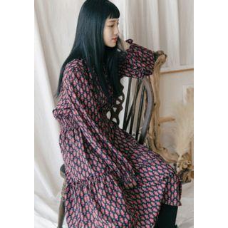 Smock-waist Pattern Long Shirtdress