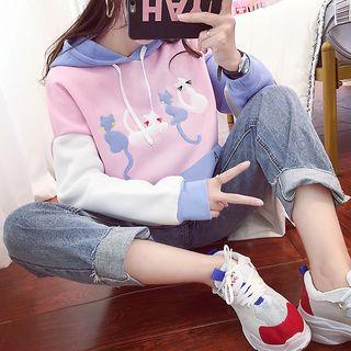 Color Block Cat Embroidered Hoodie