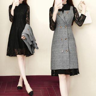 Set: Long-sleeve Lace Dress + Double Breasted Sleeveless Dress