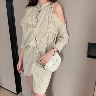 Cold Shoulder Asymmetric Striped Shirtdress