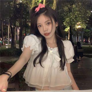 Puff-sleeve Bow Ruffled Blouse