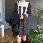 Long-sleeve Lace Panel Floral Print Midi Dress / Mini Dress