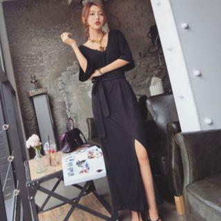 Elbow-sleeve V-neck Slit Maxi Dress