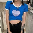 Short-sleeve Heart Print T-shirt Sapphire Blue - One Size