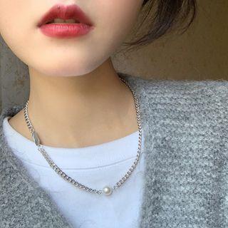 Pearl Pendant Alloy Necklace Silver & White - One Size