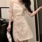 Set: Short-sleeve Frog-button Mesh Top + Mini A-line Skirt + Camisole