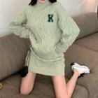 Set: Letter Embroidered Sweater + Knit Skirt Set Of 2 - Sweater & Skirt - Green - One Size