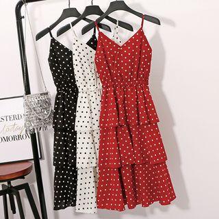Dotted Strappy Midi Tiered A-line Dress