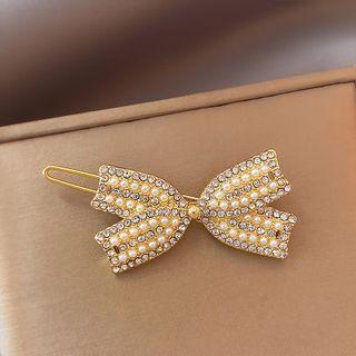 Bow Rhinestone Faux Pearl Alloy Hair Clip Gold - One Size