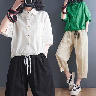 Elbow-sleeve Drawstring-cuff Shirt