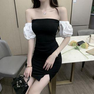 Contrast Panel Puff-sleeve Mini Bodycon Dress
