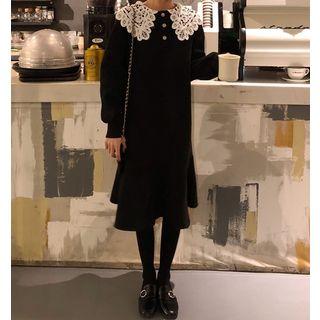 Lace Collared Ruffled Hem Buttoned Dress