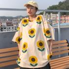 Elbow-sleeve Sunflower Printed T-shirt